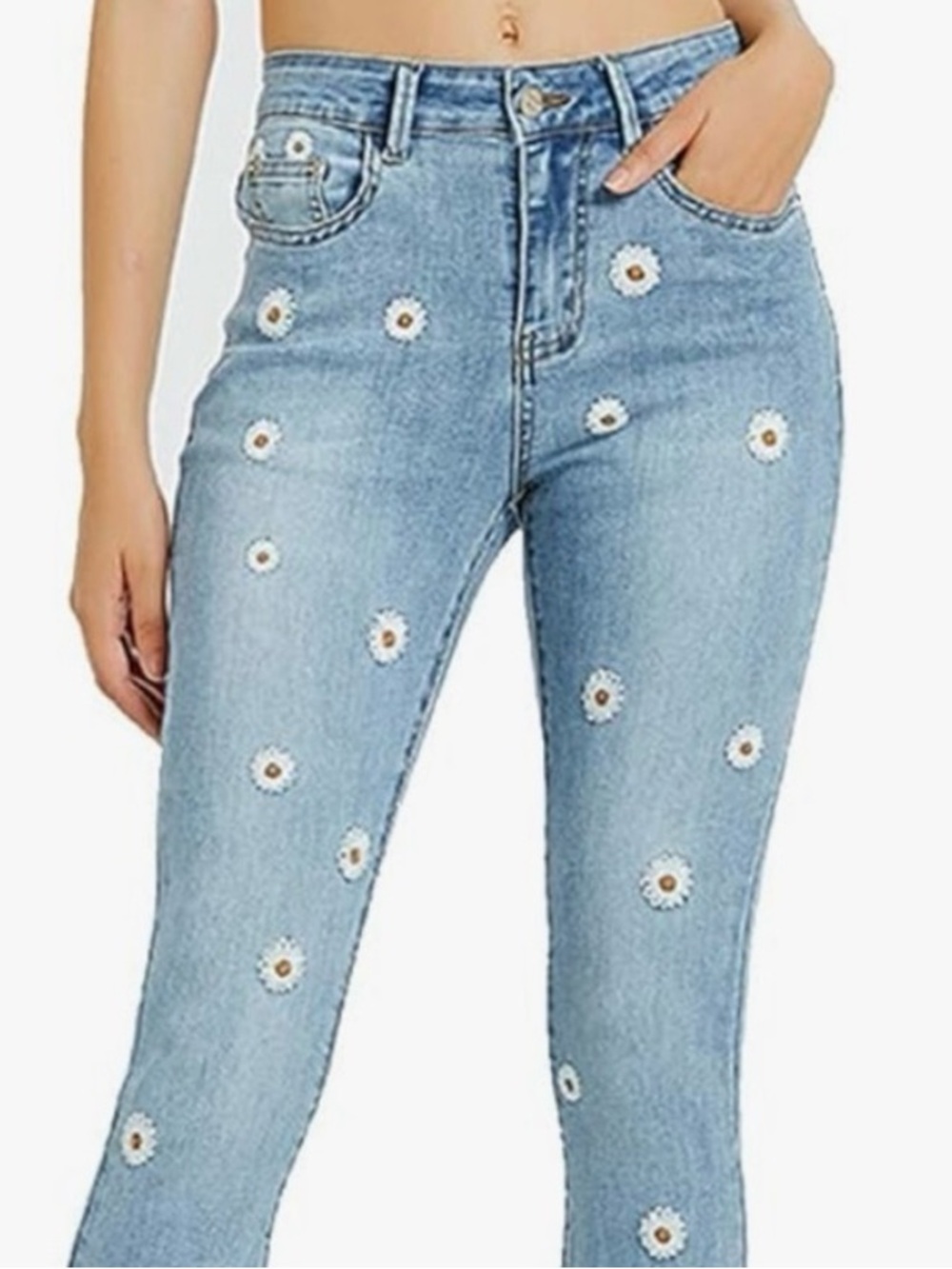 Light Blue Floral Embroidered Flare Jeans - Women